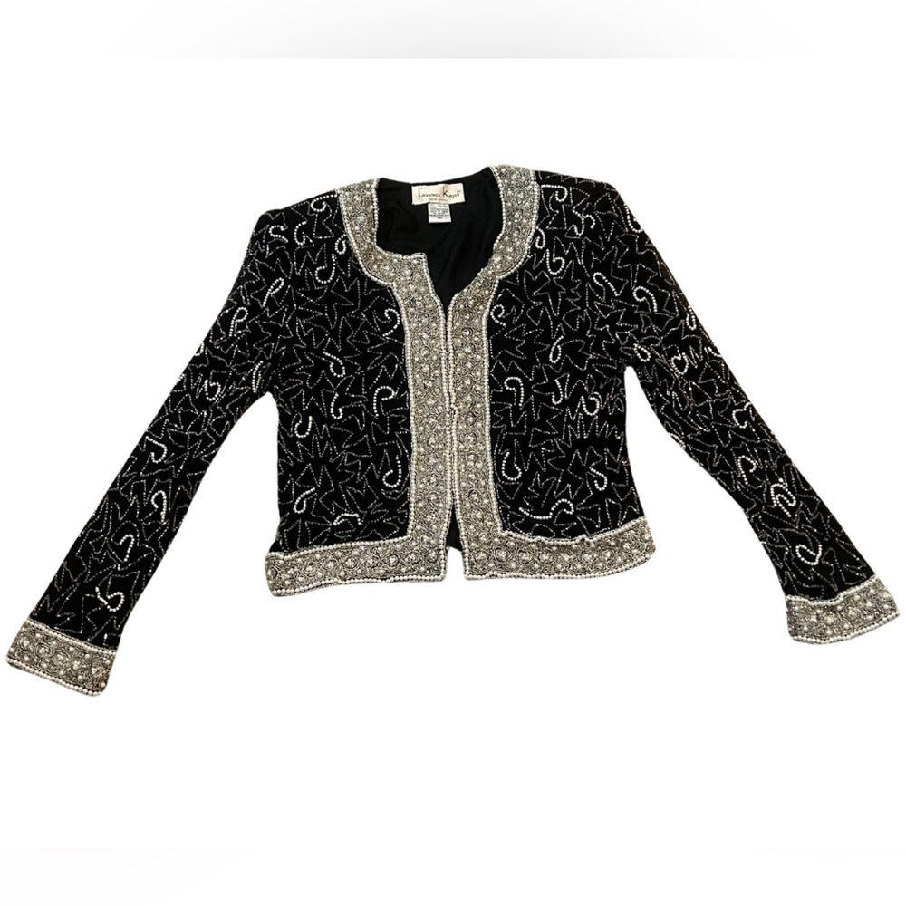 Vintage Lawrence Kazar Beaded Pearl Silk Jacket | Black/Silver/White | Petite M